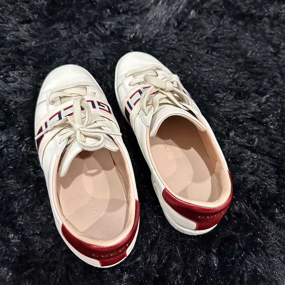 Gucci Ace Web Stripe Elastic Logo Sneakers Cream Red Size 7 -AUTHENTIC - Picture 2 of 6